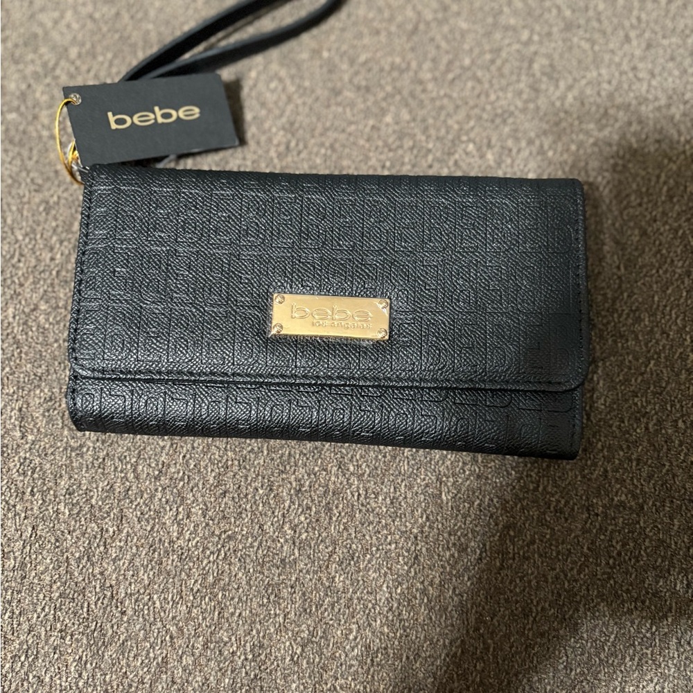 Bebe Black Textured Wallet with Gold Details